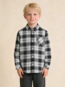 Balabala Children's Long Sleeve Shirt, 2025 New Autumn Plaid Button-Up Shirt - Black and White - View 2