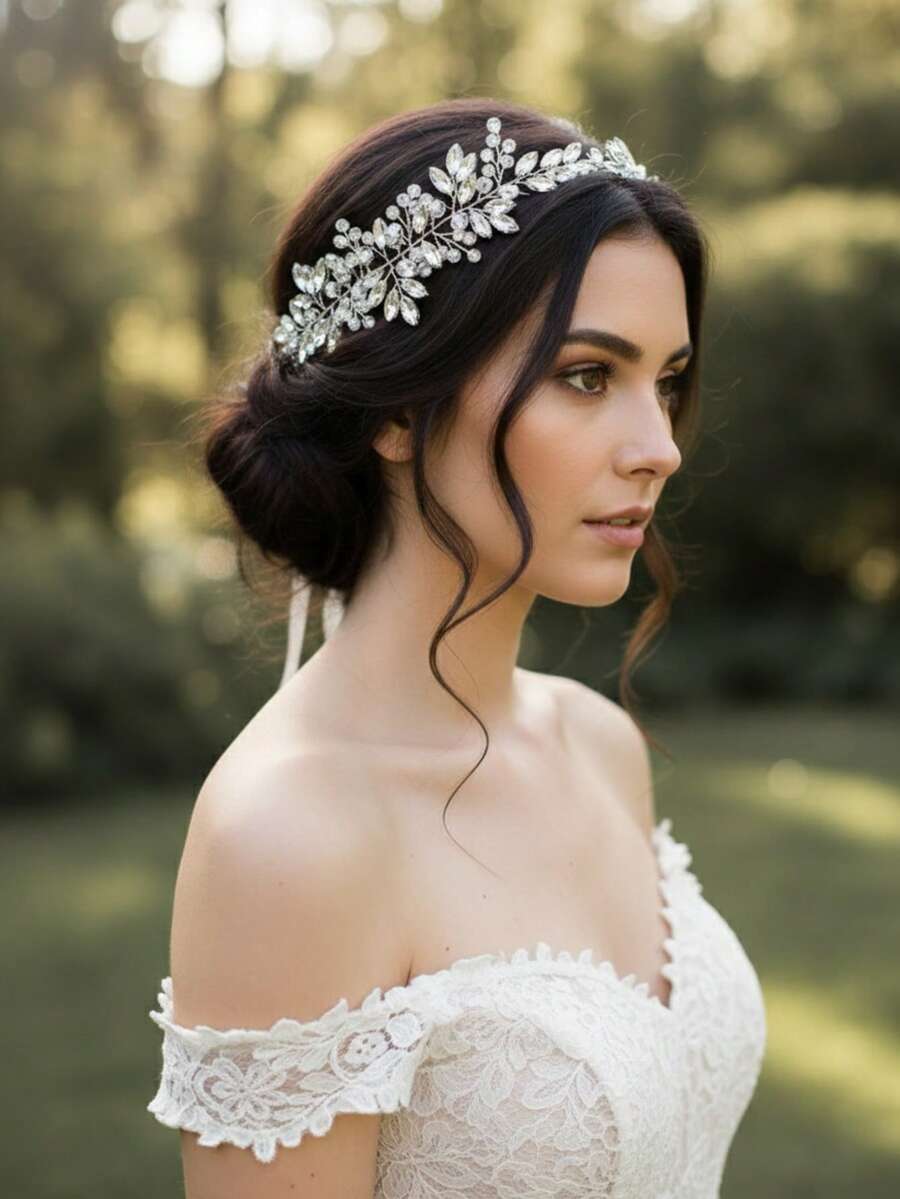 1 Stück handgefertigter Marquise-Strass Braut Haarreif - elegantes Blattdesign Hochzeit Haarband für Bräute und Brautjungfern, funkelndes Abschlussball Haaraccessoire - Silber - Übersicht 1