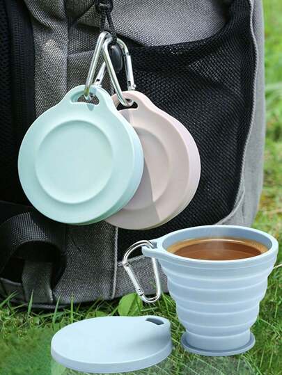 2pcs Foldable Silicone Water Cups With Lids, Heat-Resistant Tea/Beverage Cups, Collapsible Camping Mugs, Portable Outdoor Sports Cups With Carabiner Design To Hang On Backpack, Space-Saving