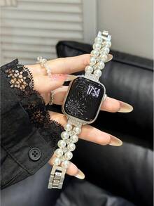 Band Suitable Compatible With Apple Watch 9 Ultra, Mother-Of-Faux Pearl Beaded Bracelet, 41mm Band, Creative Design - Space Gray - View 3