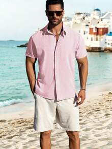 Mens Short Sleeve Linen Shirts Button Down Casual Summer Beach Tops For Daily Commute - 粉色 - 查看 2