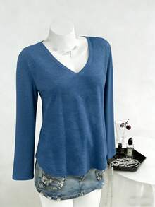 Plus Size Casual Solid V-Neck Simple Fashion T-Shirt - Navy Blue - View 1