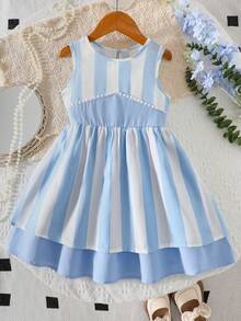 Vestido sin mangas con rayas para niñas jóvenes, con adorno de perlas en el pecho y lazo en la espalda, falda con volantes, estilo de princesa fresca, para primavera/verano - Azul - Ver 1