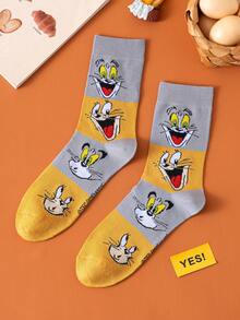 Noctvar OBM Sleepwear X TOM & JERRY 1 đôi tất nữ dài đến bắp chân họa tiết mèo và chuột, thiết kế hình trái tim hoạt hình dễ thương, tất mùa hè thời trang hình chuột ngộ nghĩnh, tất cổ cao thoáng khí với họa tiết hoạt hình, thích hợp làm quà tặng hoặc mặc hàng ngày cho học sinh/người lớn, tất đôi. - Nhiều màu - Xem 2