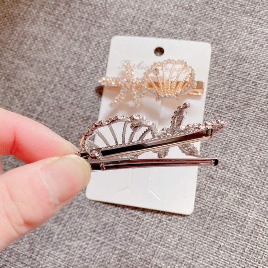 1 pieza Accesorio de clip de pelo de metal con cristal de piedra diamante de imitación y concha brillante de moda para mujer - Color de la imagen - Ver 1