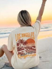 Summer Women's Ocean Beach Coconut Tree Letter Print Round Neck Camisole, Casual Loose Versatile Vacation Style Top, Suitable For Holiday And Summer Wear - Apricot - View 5