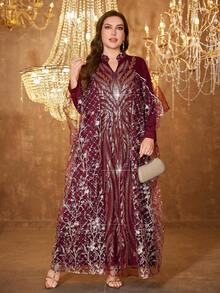UNITHORSE Women V-Neck Long Sleeve Belted Sequin Mesh Dress - Burgundy - View 3