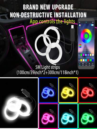 3 In 1 RGB APP Control Fiber Optic Atmosphere Neon Lighting Interior Decorative Lamps Strips Lamp Cold Light Car Door Dashboard Console Auto LED Ambient Light