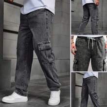 Men's Cargo Jeans With Lycra With Pockets, Elastic Waist - 燧石 - 查看 3
