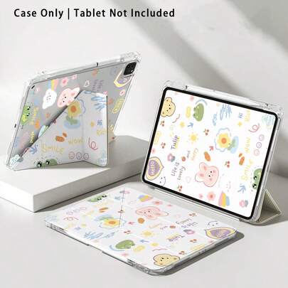 1pc Rabbit & Flower Painted Acrylic Crystal Tablet Protective Case With Stand, Compatible With Samsung, Honor, Apple And Other Brands, Foldable Anti-Bend, Silicone Reinforced Corners, Auto Wake/Sleep, Built-In Pen Slot, Multi-Angle Foldable Stand - Perfect Daily Protection, Ideal Gift For Holidays