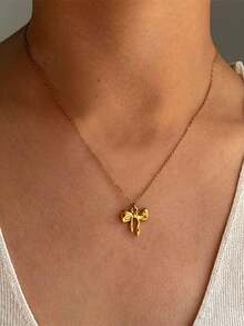 1pc Stainless Steel Waterproof Non-Fading Cute Bow Tie Necklace, Suitable For Women's Daily Wear - Small Gold Bow - View 5