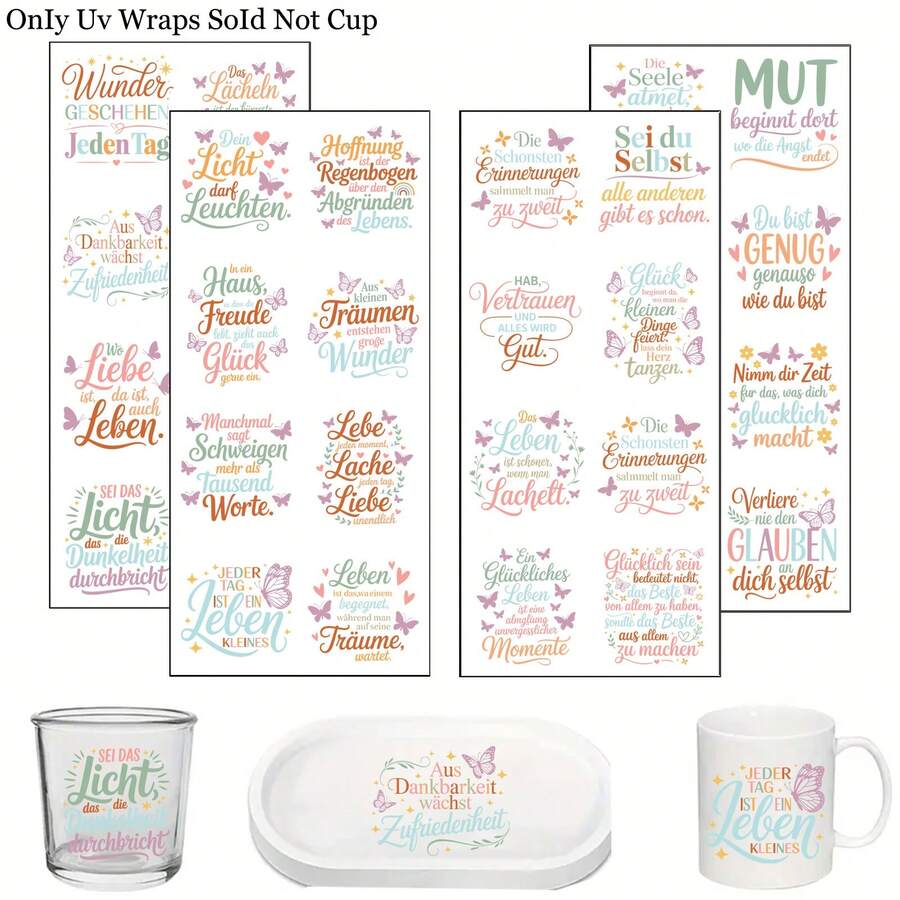 32pcs German Positive Quote Stickers Theme Rub On Transfer Stickers Decals Set - Butterfly Motivational Sayings Transfer Paper For Furniture, Glass, Easy Apply DIY Home & Life Inspired Self-Adhesive Plastic Decals - Multicolor - View 1