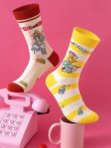 Noctvar OBM Sleepwear X TOM & JERRY 2双猫鼠图案女士中筒袜，可爱卡通爱心设计，趣味老鼠时尚夏季男士袜子，透气休闲船袜，卡通图案，适合学生/成人作为礼物和日常穿着，情侣款 - 彩色 - 查看 7