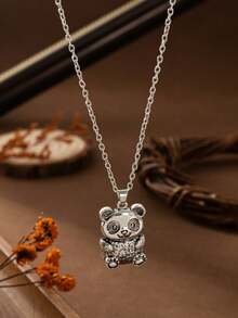 1件装流行女士时尚可爱熊猫吊坠项链，婚礼订婚派对珠宝礼物 - 復古銀色 - 查看 3