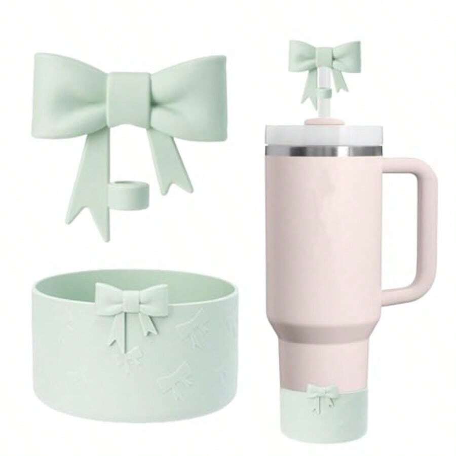 7.5cm Silicone Bottle Cover With 10mm Bow Shape Straw Topper For   30 40oz H2.0 IceFlow 20 30 Oz Tumbler 2pcs Green - -2件綠色- - 查看 1