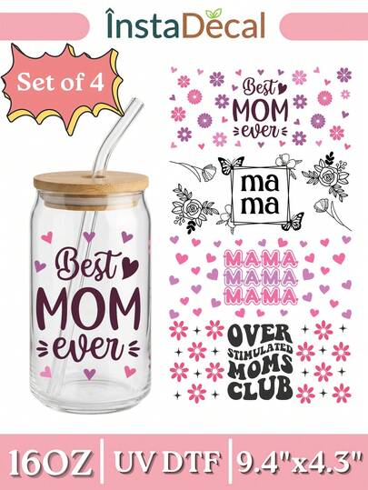 4件套妈妈UV DTF杯套，适用于16盎司Libbey玻璃罐，尺寸为9.4英寸x4.3英寸，玻璃热转印贴纸，3D水晶妈妈生活标签，无需加热防水DIY贴纸，适合母亲节礼物
