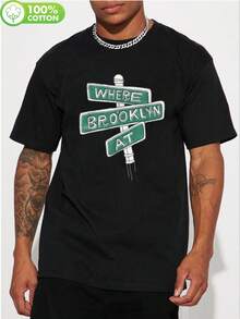 Camiseta Gráfica "Where Brooklyn Is" para Hombre y Mujer - Camiseta de Estilo Urbano 100% Algodón con Diseño de Letrero de Calle de Brooklyn. Camiseta casual de verano de corte regular para parejas. Gimnasio. Actividades al aire libre. Ropa de gimnasio. Tela de Algodón Resistente - Negro - Ver 1