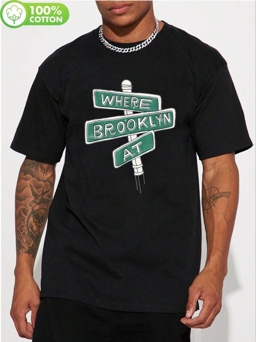 Camiseta Gráfica "Where Brooklyn Is" para Hombre y Mujer - Camiseta de Estilo Urbano 100% Algodón con Diseño de Letrero de Calle de Brooklyn. Camiseta casual de verano de corte regular para parejas. Gimnasio. Actividades al aire libre. Ropa de gimnasio. Tela de Algodón Resistente - Negro - Ver 1