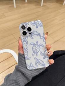 1pc Thick Transparent Anti-Drop UV Painted TPU Phone Case With Minimalist Cute Sea Turtle & Ocean Elements Design, Compatible With IPhone/ Galaxy/Pixel - Multicolor - View 1