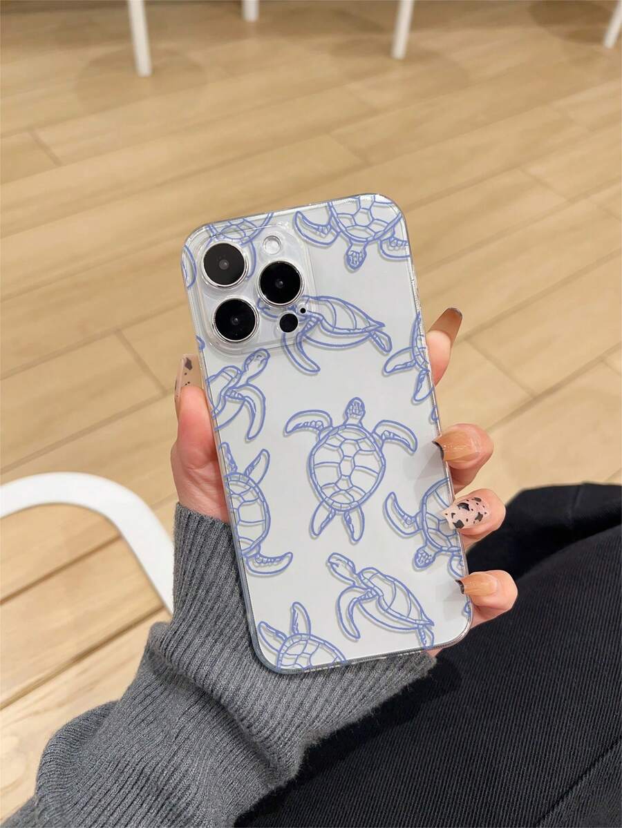1pc Thick Transparent Anti-Drop UV Painted TPU Phone Case With Minimalist Cute Sea Turtle & Ocean Elements Design, Compatible With IPhone/ Galaxy/Pixel - Multicolor - View 1