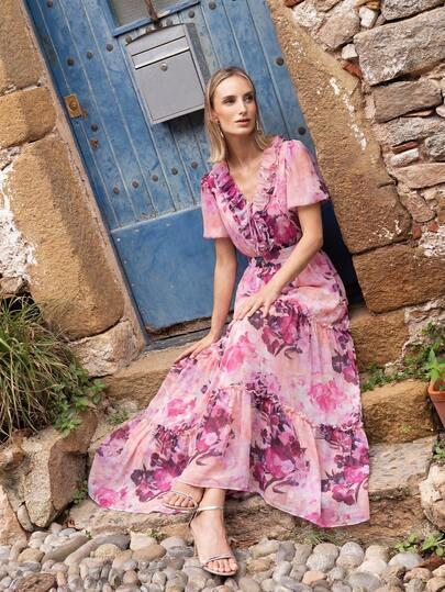 Faeriesty Women's Elegant V-Neck Formal Evening Dress, Puff Sleeves, Ruffle Trim, A-Line Silhouette - Perfect For Weddings, Galas, Parties, Awards Ceremonies And Charity Events