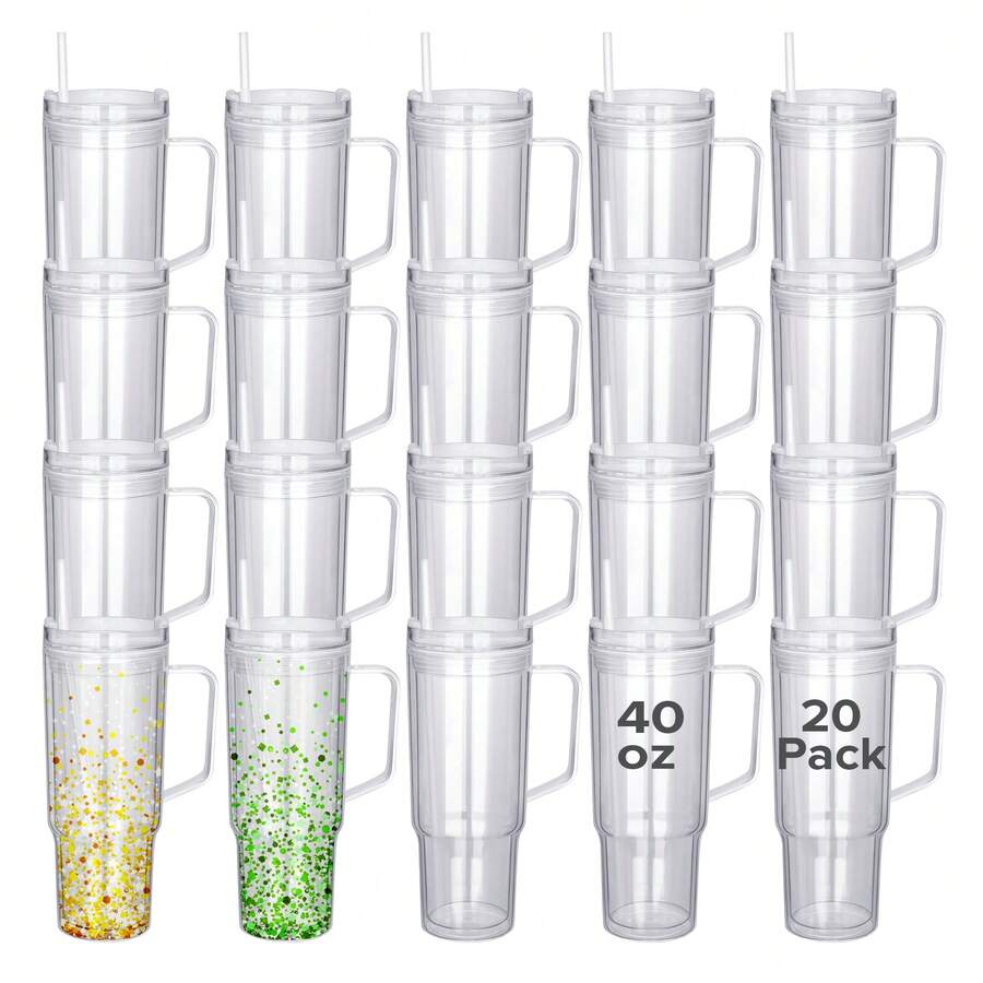 20Pack 40Oz Acrylic Snowglobe Tumbler With Handle, Double Wall Acrylic Clear Cup With Pre-Drilled Hole And Plug, Equipped With A Straw And Lid, Reusable Clear Plastic Travel Tumbler For Glitter Snow Globe DIY - 無色 - 查看 1