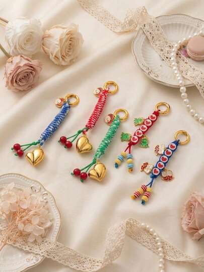1pc Bohemian Style Rainbow Rope Heart-Shaped Cherry Braided Pendant, Suitable For DIY Creative Bags, Luggage, Shoes, Backpacks, Keychains, Phone Straps, 18K Gold Plated, Waterproof And Sweat-Resistant, Suitable For Daily Wear, Gift