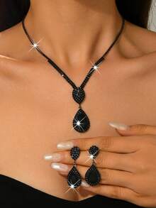 Elegant Teardrop Bridal Jewelry Set, Women's Crystal Pendant Necklace And Earrings, Wedding Bride Jewelry Set, Suitable For Anniversary, Valentine's Day, Holiday Gifts, Birthday Presents - 1526 Black - HB - View 5