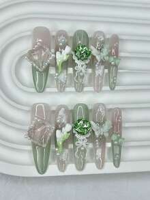 10片装优雅奢华祖母绿法式手工按压式美甲贴片，3D钻石蝴蝶花朵珍珠假指甲，猫眼杏仁美甲美甲用品（1张果冻贴纸+1把指甲锉） - 綠色 - 查看 1