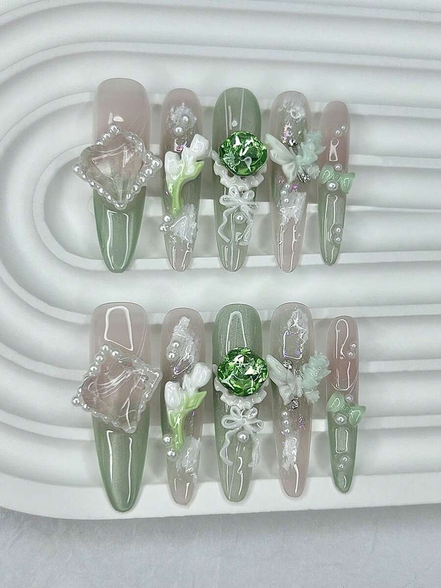 10片装优雅奢华祖母绿法式手工按压式美甲贴片，3D钻石蝴蝶花朵珍珠假指甲，猫眼杏仁美甲美甲用品（1张果冻贴纸+1把指甲锉） - 綠色 - 查看 1