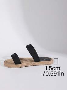 Sandalias de verano para mujer con suela tejida de paja, estilo ligero de vacaciones, sandalias planas suaves y cómodas a rayas beige - Negro - Ver 8