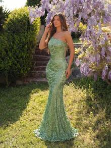 ADYCE Women's Elegant Sequin Embroidered One-Shoulder High Waist Backless Maxi Dress, Suitable For Wedding Guest, Prom, Homecoming, Date Night, Formal Dinner, Birthday Party, Holiday Party, Family Gathering And Other Occasions, Valentine's Day Spring - Green - View 3