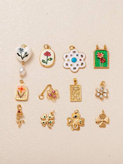 1pc INS Fashion Flower, Lucky Clover, Heart Zirconia Small Flower Rose Pendant, 18K Gold Plated, Waterproof And Fade-Resistant, DIY Jewelry Accessory, Necklace, Bracelet, Earring, Keychain, Bag, Women Jewelry, Wallet Charm, Small Pendant, Gift