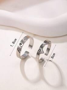 2件套304不锈钢可调节开口戒指，黑色树脂装饰，猫狗造型，适合女性日常佩戴或作为礼物 - 銀色 - 查看 5