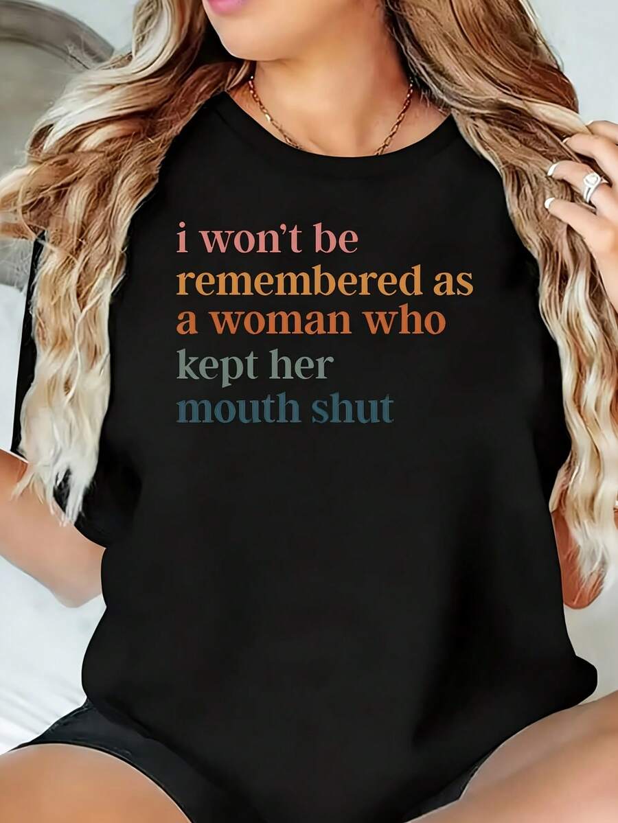 Women's I Wont Be Remembered As A Woman Who Kept Her Mouth Shut Plus Size T-Shirt Oversized Graphic Short Sleeve 1 Pcs Tee Novelty 100% Polyester Shirt Casual Crew Neck Top 220g - 黑色 - 查看 1