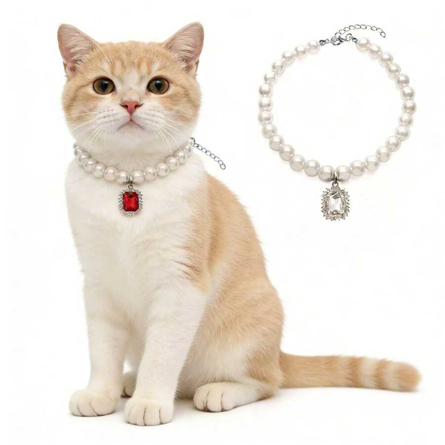 2pcs Faux Pearl Collar With Square Crystal Pendant, Adjustable Elegant Dog Necklace, Luxury Refined Design, Fashionable & Versatile For Daily Wear And Parties - Multicolor - View 1