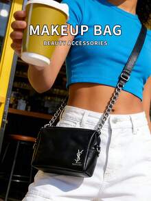 Black Square Chain Bag, Classic Logo Design, DIY Handmade Transformation, Retro High-End Underarm/Shoulder Bag, Luxury Women Handbag - Black - View 5