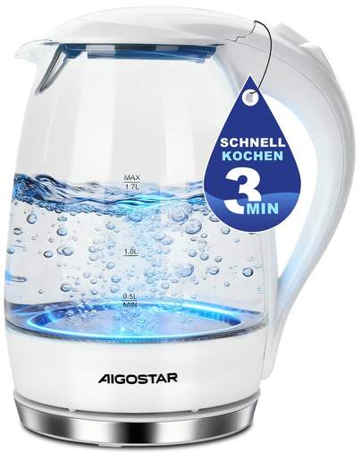Wasserkocher Glas 1,7 Liter Weiß, Glaswasserkocher LED Beleuchtung, Optimierte Ausgusstülle, Kalkfilter, 360° Basis, 2200 Watt, Abschaltautomatik Trockenschutz, Edelstahl Heizelement