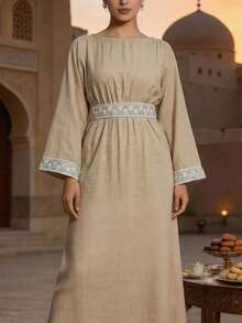 Ramadan Embroidery Jalabiyas Elegant Modest Abaya Long Dress For Women Evening Party - Khaki - View 4