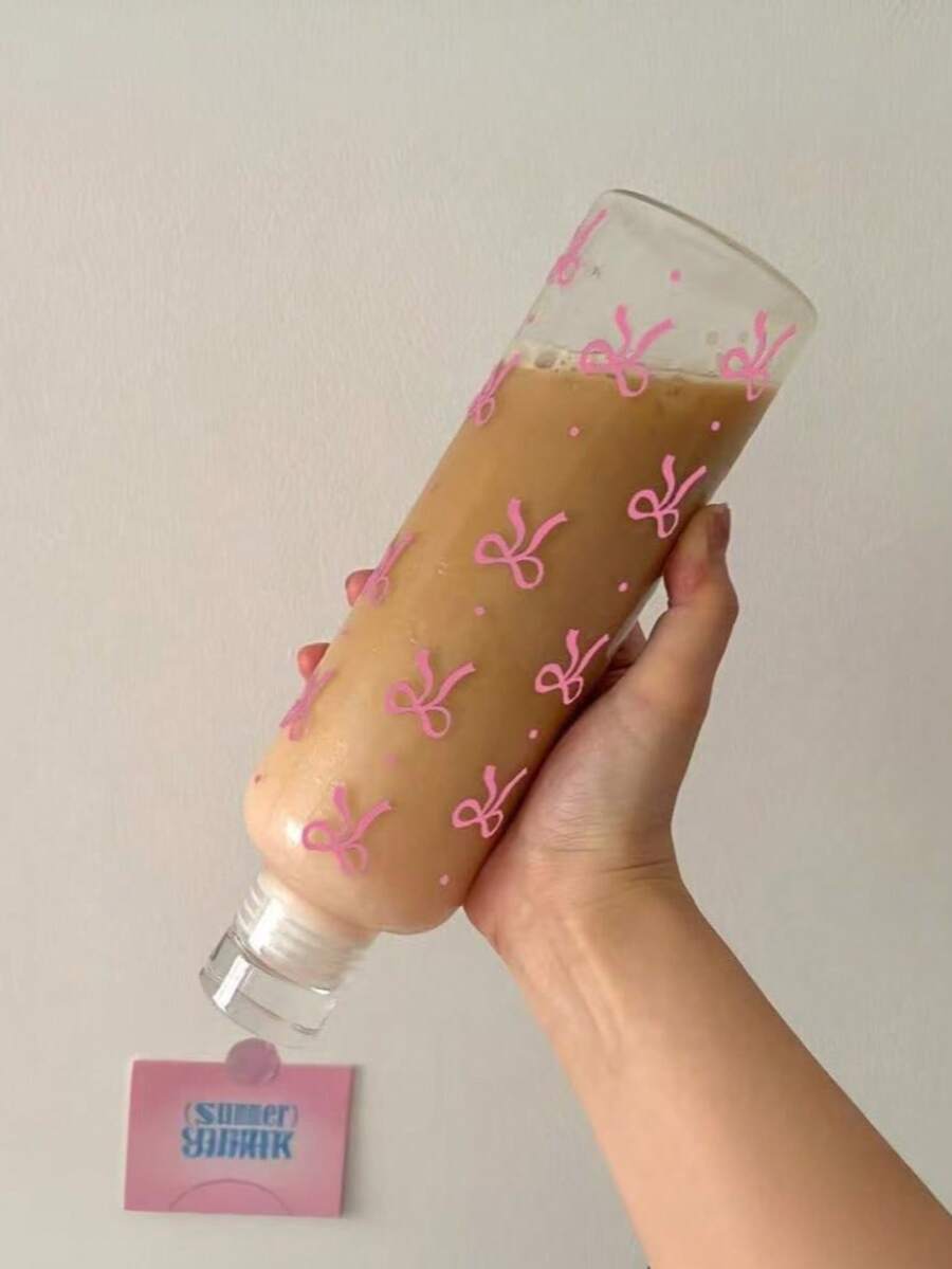 可爱蝴蝶结图案冰咖啡杯，可重复使用防漏奶昔杯，带盖，适用于冷饮，旅行和日常使用 - 彩色 - 查看 1