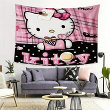 1件装三丽鸥Hello Kitty粉色格子挂毯 | 可爱卡通房间装饰，涤纶材质，卧室、客厅、宿舍、派对装饰、背景布、家居装饰礼品 - 彩色 - 查看 3