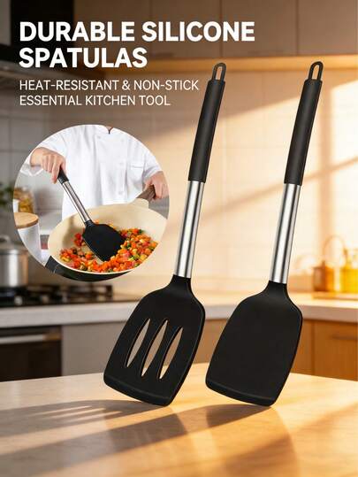 1个/2个装硅胶耐用煎锅铲，不粘煎饼铲，耐热大号硅胶漏铲，厨房工具，适用于烹饪、烘焙、翻炒、搅拌，厨房必备，厨房配件，送给她的礼物，家庭