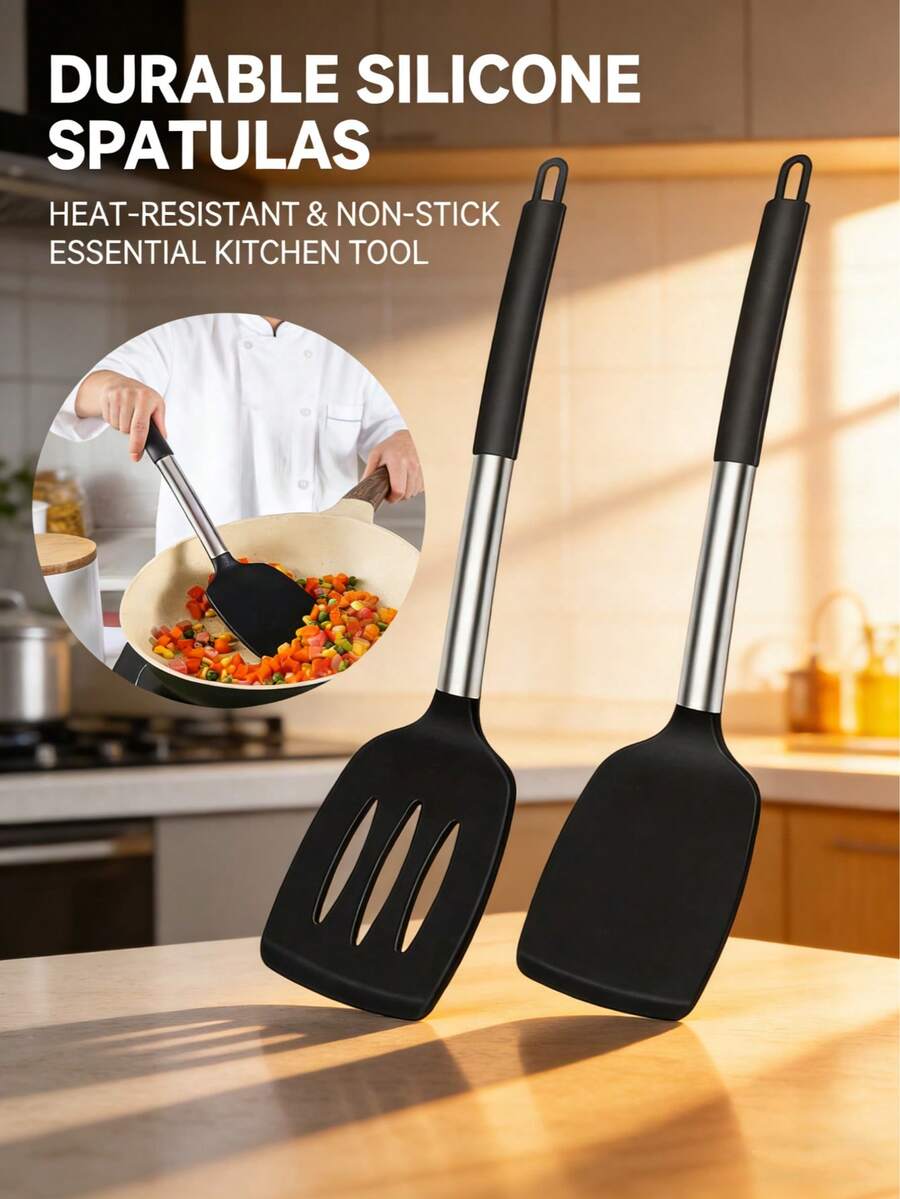 1pc/2pcs Silicone Sturdy Frying Pan Spatula, Non-Stick Pancake Spatula, Heat Resistant Large Silicone Slotted Spatula, Kitchen Tool, Suitable For Cooking, Baking, Stir-Frying, Mixing, Kitchen Essential, Kitchen Accessory, Gift For Her, Family - Multicolor - View 1