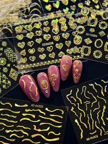 30pcs Bronzing Curved Lines Flowers Nail Sticker Golden Retro Geometry Star Characters Design Charm Decals Manicure Foils Nails Nail Stickers - Gold - View 7