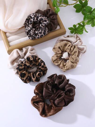 8pcs Women's Hair Accessories, Minimalist Elegant Versatile Vintage Corduroy, Leopard Print, Cute Bear Pattern Hair Scrunchies, Suitable For Daily Wear