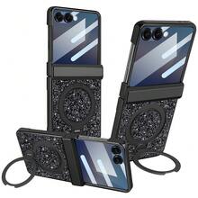 VIETAO 适用于三星 Galaxy Z Flip 7/6 折叠手机的高品质亮面电镀隐藏式圆形支架手机壳，配备钢化玻璃屏幕保护膜，提供全面保护 - 黑色 - 查看 9