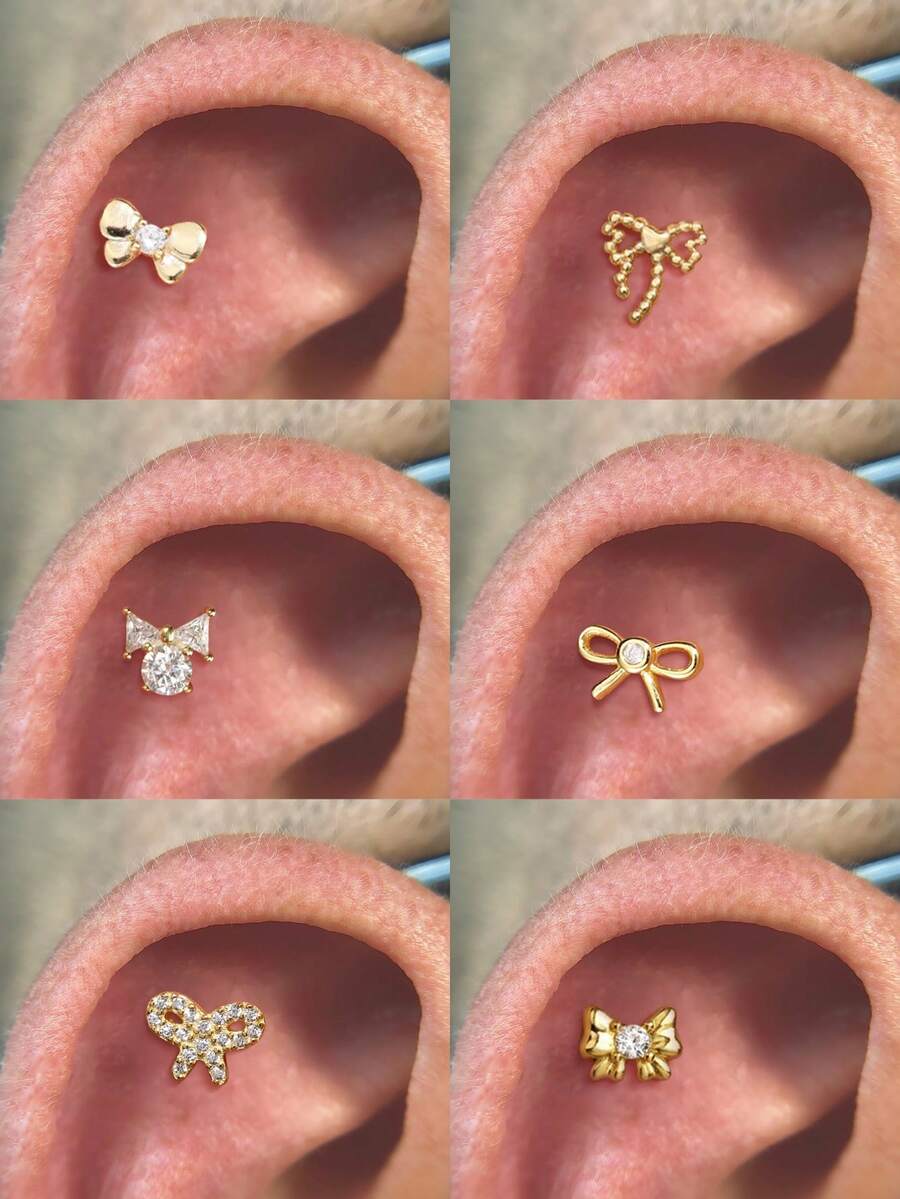 1pc 925 Sterling Silver Flat Bowknot Earrings, Low Allergy Screw Back Earrings, Petite & Delicate, Suitable For Cartilage, Helix And Sensitive Ears - Gold - View 1