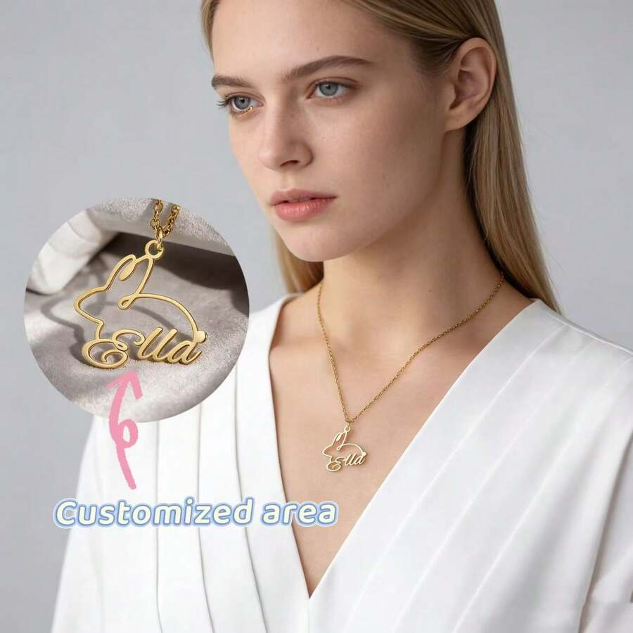 1PC Custom Rabbit Name Necklace Personalized Cute Pet Bunny Nameplate Necklace Stainless Steel Minimalist Line Rabbit Necklace Gift For Her Ladies Animal Jewelry - Multicolor - View 1