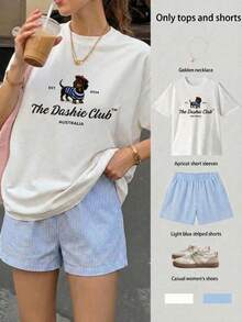 2pcs Conjunto dos piezas de ropa de mujer de verano  parte superior estampado perro salchicha "The dashie club"  manga corta y shorts a rayas ajustables, ropa de ocio y vacaciones de playa - blanco y azul - Ver 1