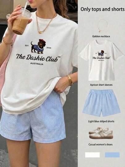 2pcs Conjunto dos piezas de ropa de mujer de verano  parte superior estampado perro salchicha "The dashie club"  manga corta y shorts a rayas ajustables, ropa de ocio y vacaciones de playa